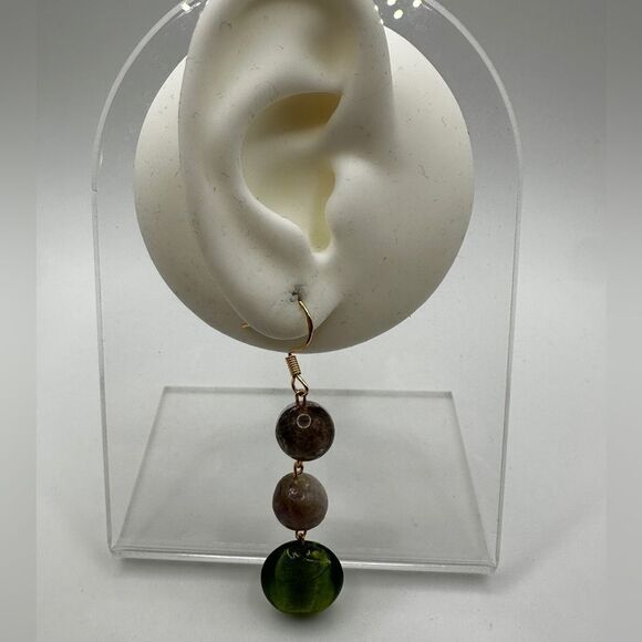 2.5" Green glass and agate stone dangle earrings with gold over 925 hooks! - Picture 5 of 14